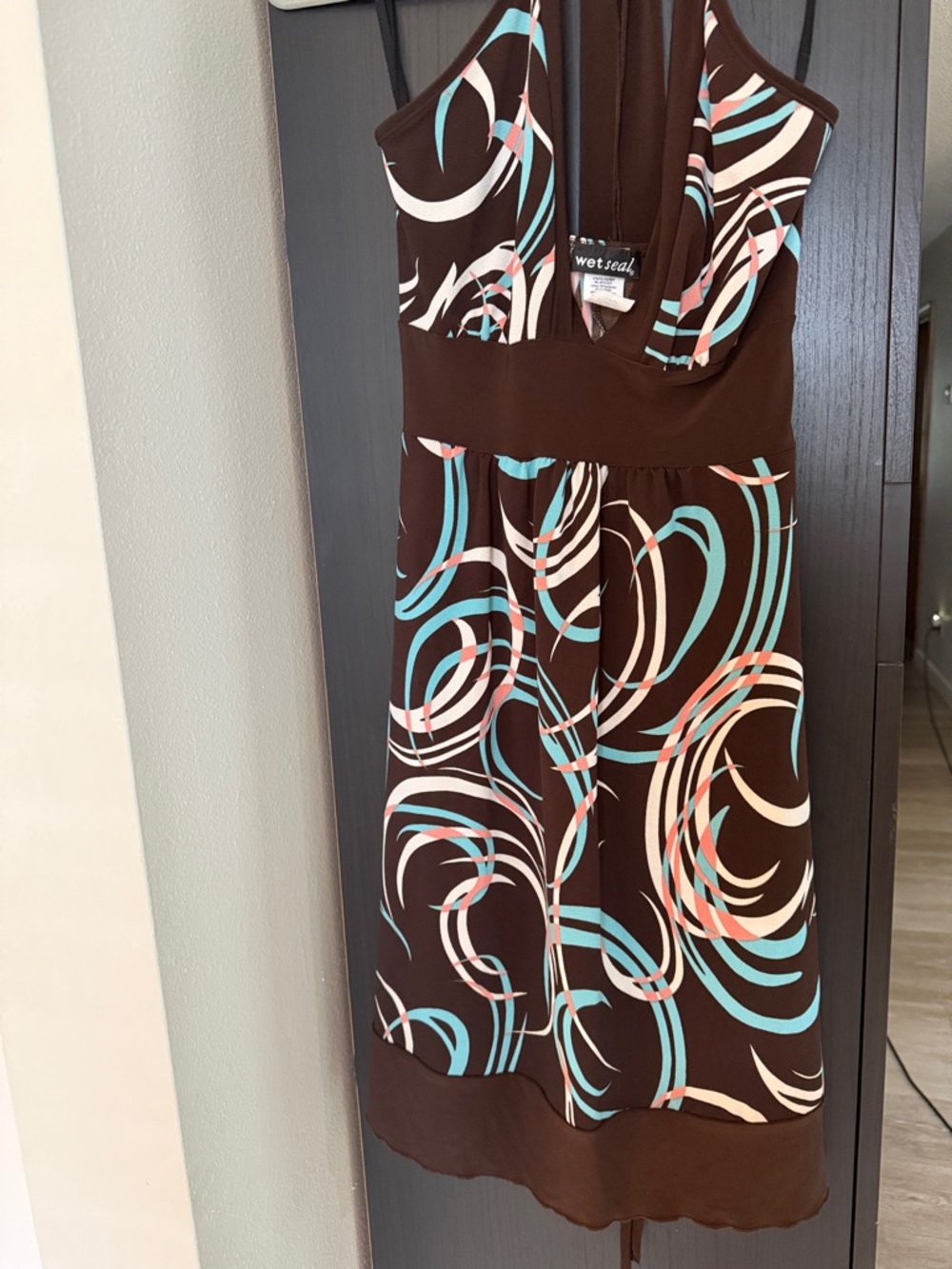Wet Seal Brown Halter Dress with Mint and Coral Swirl